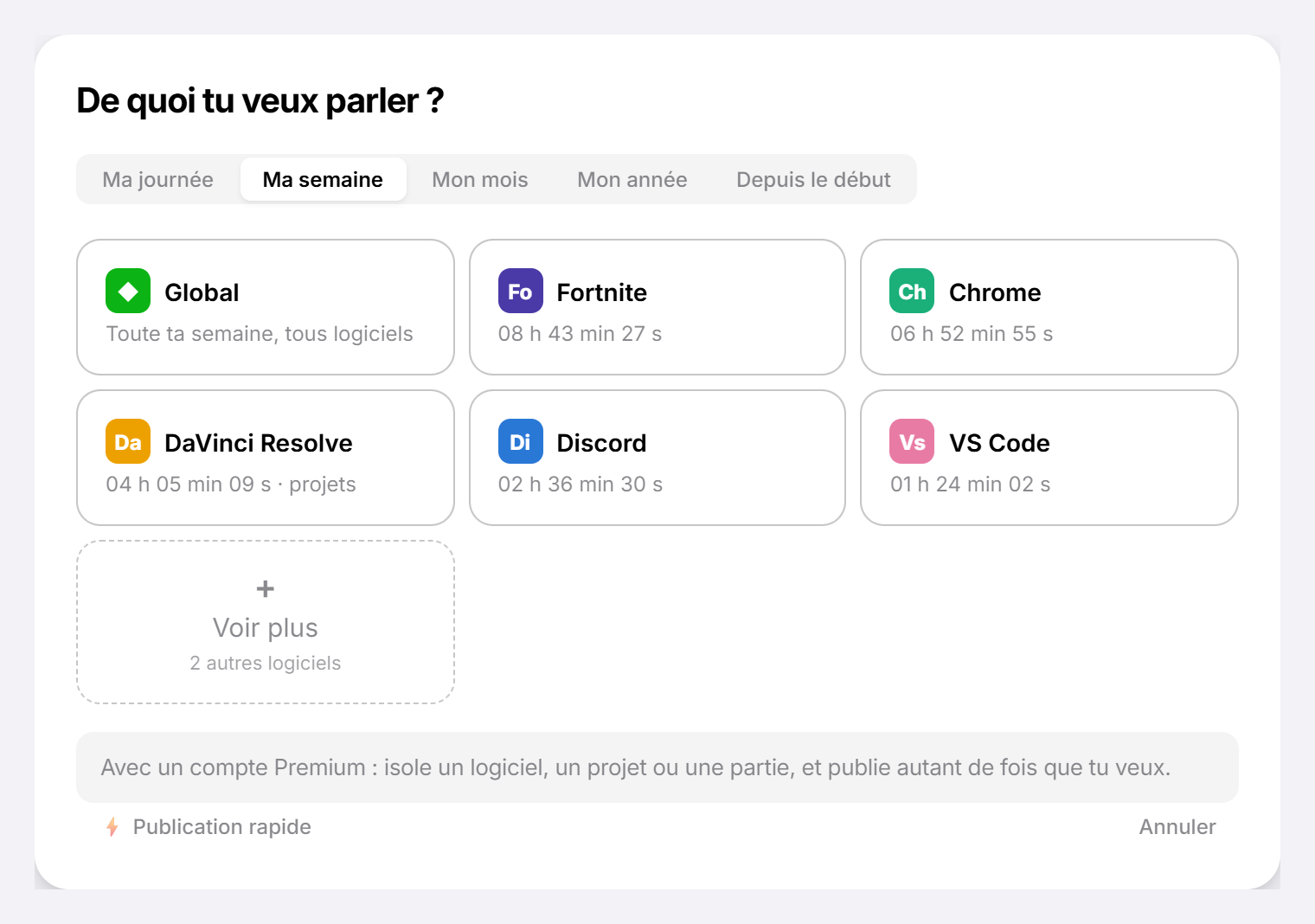 Le menu de publication d'ADDIQT : la période à choisir, puis le logiciel, avec le temps passé sur chacun.